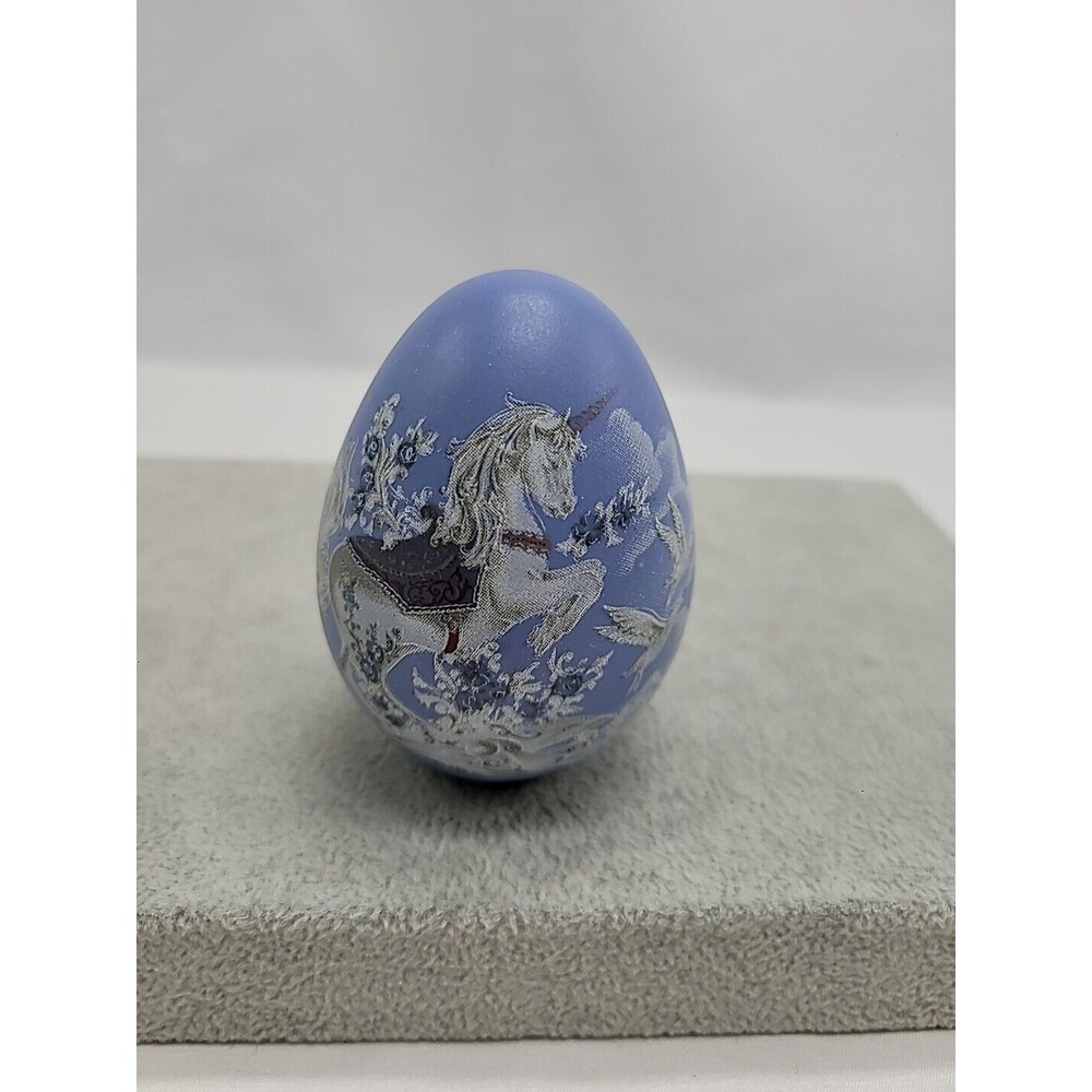 Eggzakly Porcelain Handcrafted Egg Blue Flower Unicorn Seaside, OR USA 3”